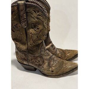 Dan Post Western Boots Size 7.5 Cowgirl Rodeo Brown Leather Ornate Copper Inlay